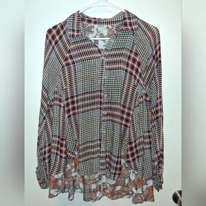 Umgee Plaid Button-Down Shirt with Lace Detail
